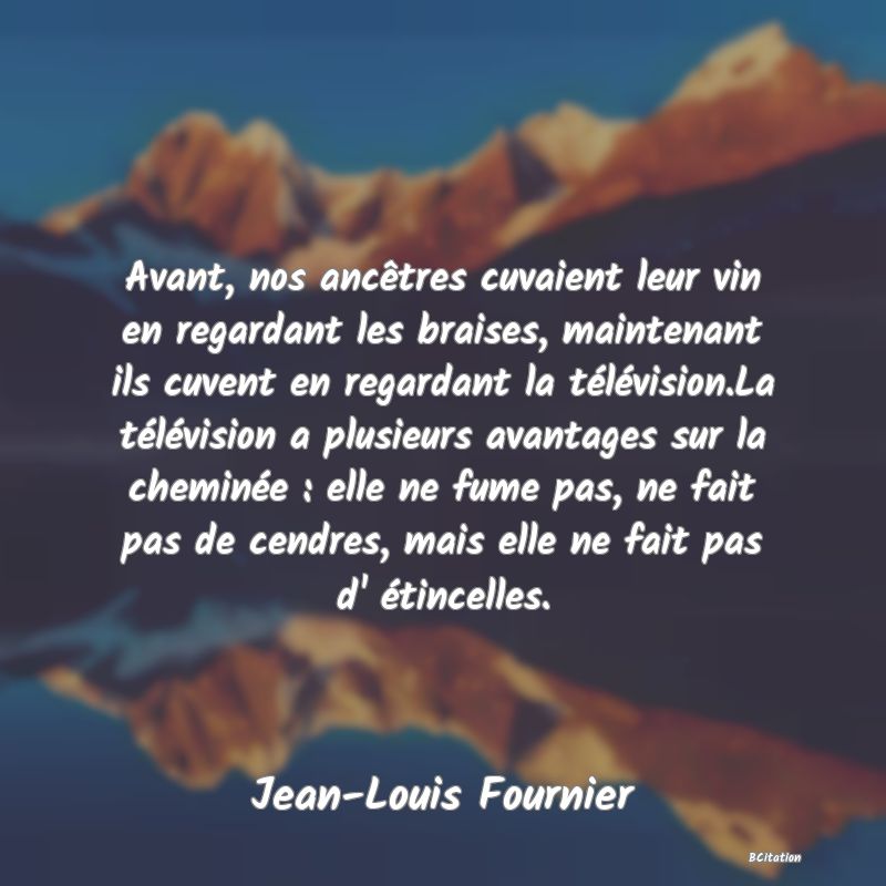 Belle Citation - Avant, nos ancêtres cuvaient leur vin en regardant les braises, maintenant ils cuvent en regardant la télévision.La télévision a plusieurs avantages sur la cheminée : elle ne fume pas, ne fait pas de cendres, mais elle ne fait pas d' étincelles. - Jean-Louis Fournier