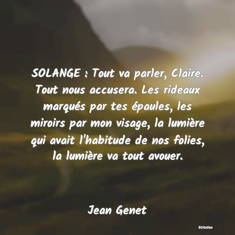 image de citation: SOLANGE : Tout va parler, Claire. Tout nous accusera. Les rideaux marqués par tes épaules, les miroirs par mon visage, la lumière qui avait l'habitude de nos folies, la lumière va tout avouer.