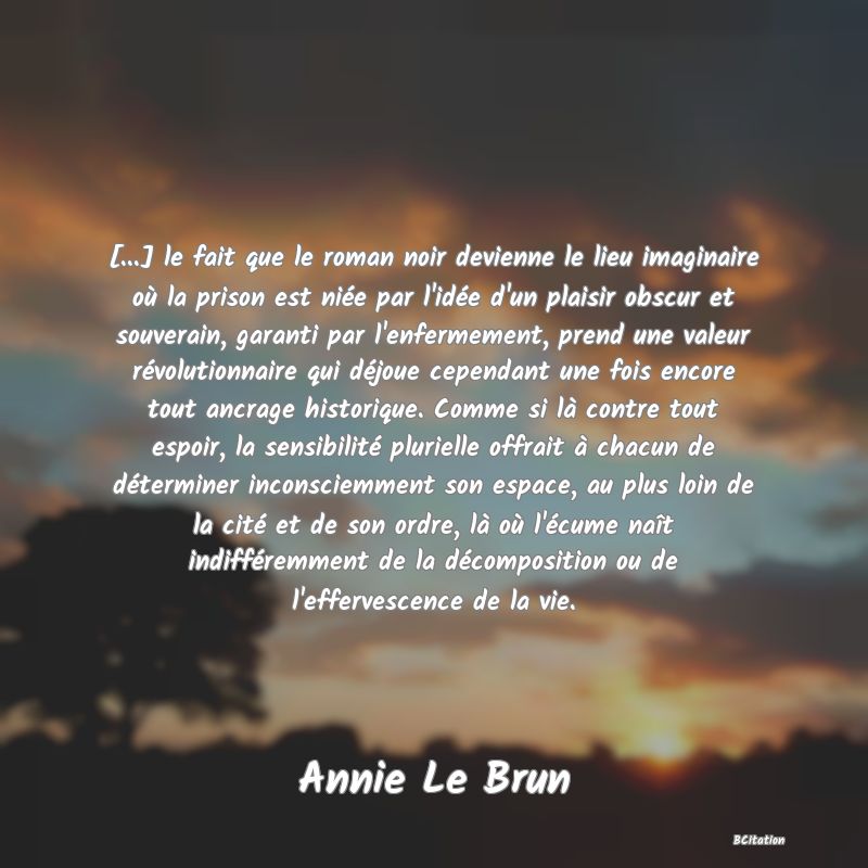 image de citation: [...] le fait que le roman noir devienne le lieu imaginaire où la prison est niée par l'idée d'un plaisir obscur et souverain, garanti par l'enfermement, prend une valeur révolutionnaire qui déjoue cependant une fois encore tout ancrage historique. Comme si là contre tout espoir, la sensibilité plurielle offrait à chacun de déterminer inconsciemment son espace, au plus loin de la cité et de son ordre, là où l'écume naît indifféremment de la décomposition ou de l'effervescence de la vie.