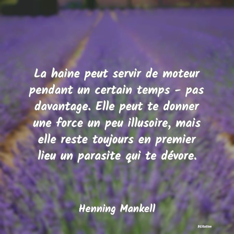 image de citation: La haine peut servir de moteur pendant un certain temps - pas davantage. Elle peut te donner une force un peu illusoire, mais elle reste toujours en premier lieu un parasite qui te dévore.