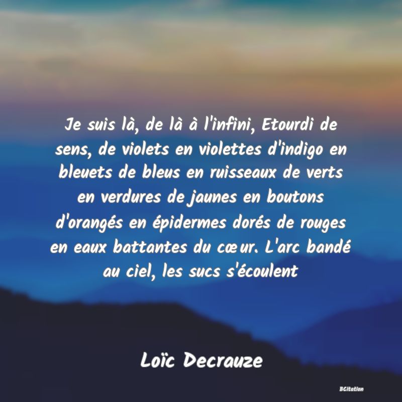 image de citation: Je suis là, de là à l'infini, Etourdi de sens, de violets en violettes d'indigo en bleuets de bleus en ruisseaux de verts en verdures de jaunes en boutons d'orangés en épidermes dorés de rouges en eaux battantes du cœur. L'arc bandé au ciel, les sucs s'écoulent