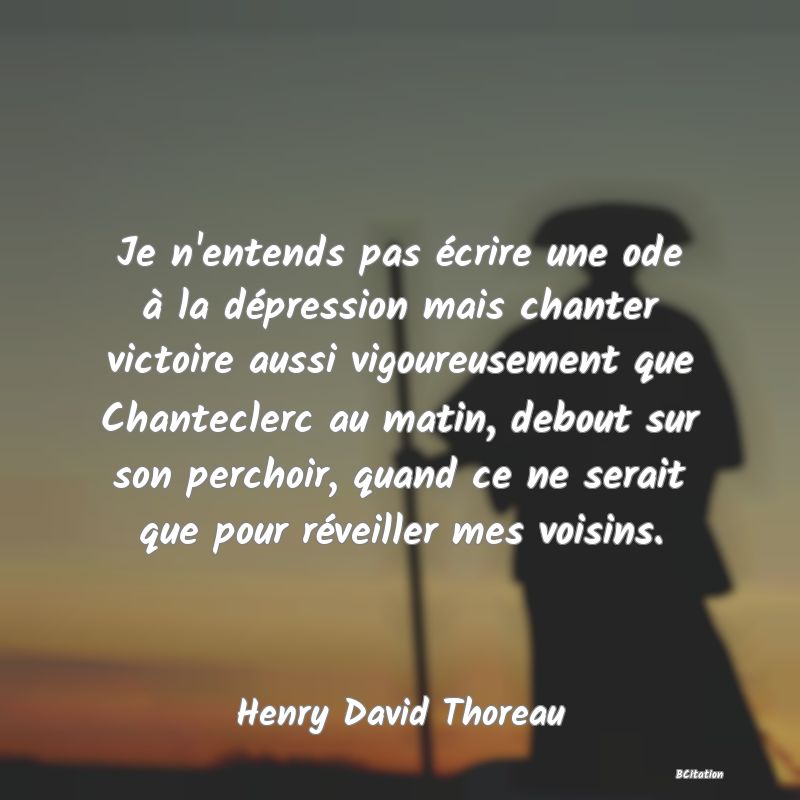 image de citation: Je n'entends pas écrire une ode à la dépression mais chanter victoire aussi vigoureusement que Chanteclerc au matin, debout sur son perchoir, quand ce ne serait que pour réveiller mes voisins.