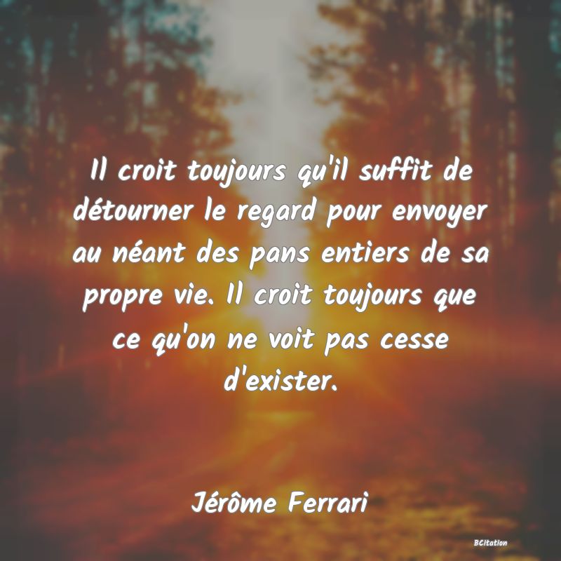 image de citation: Il croit toujours qu'il suffit de détourner le regard pour envoyer au néant des pans entiers de sa propre vie. Il croit toujours que ce qu'on ne voit pas cesse d'exister.