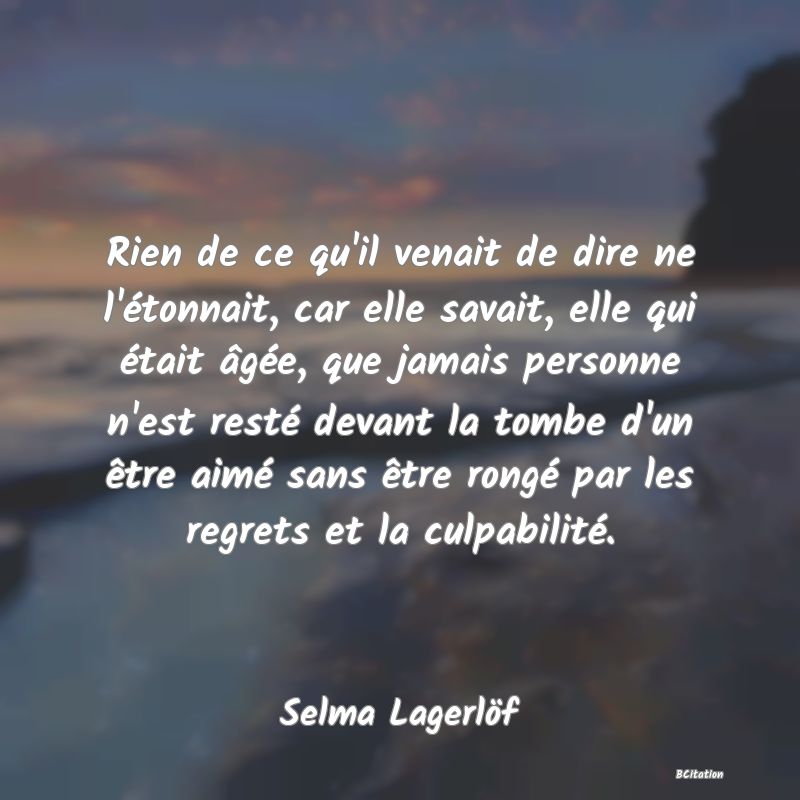 image de citation: Rien de ce qu'il venait de dire ne l'étonnait, car elle savait, elle qui était âgée, que jamais personne n'est resté devant la tombe d'un être aimé sans être rongé par les regrets et la culpabilité.