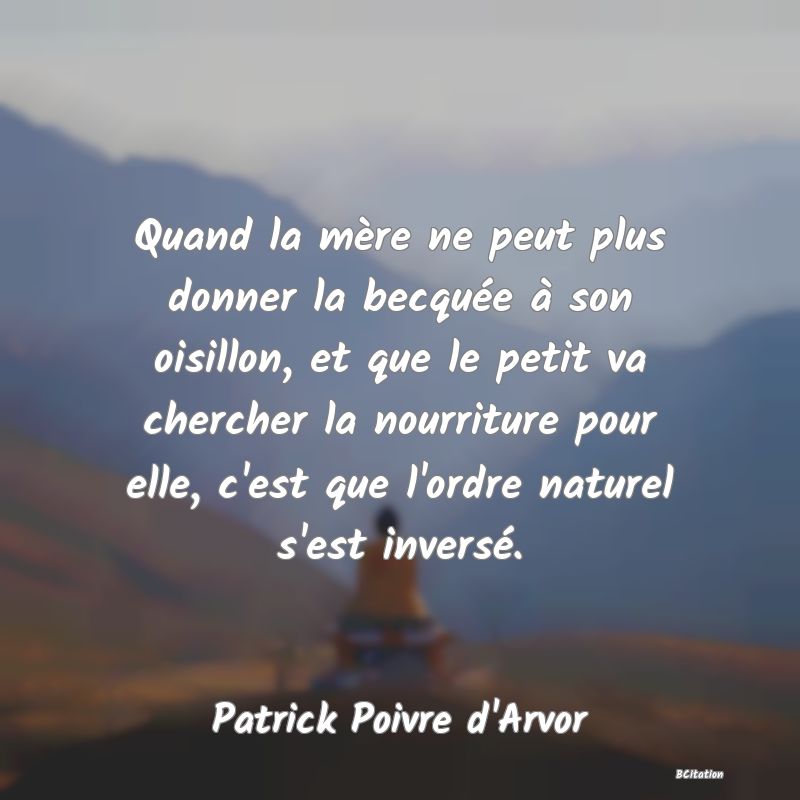 Belle Citation - Quand la mère ne peut plus donner la becquée à son oisillon, et que le petit va chercher la nourriture pour elle, c'est que l'ordre naturel s'est inversé. - Patrick Poivre d'Arvor