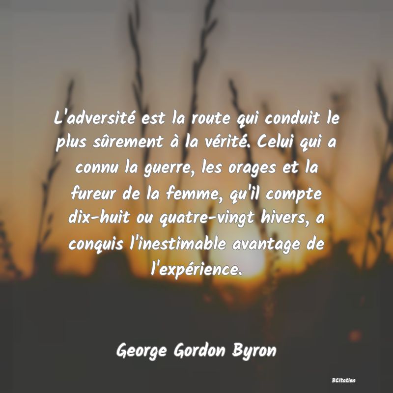 Belle Citation - L'adversité est la route qui conduit le plus sûrement à la vérité. Celui qui a connu la guerre, les orages et la fureur de la femme, qu'il compte dix-huit ou quatre-vingt hivers, a conquis l'inestimable avantage de l'expérience. - George Gordon Byron