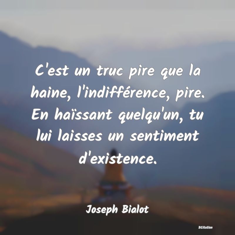 image de citation: C'est un truc pire que la haine, l'indifférence, pire. En haïssant quelqu'un, tu lui laisses un sentiment d'existence.