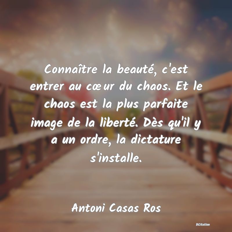 image de citation: Connaître la beauté, c'est entrer au cœur du chaos. Et le chaos est la plus parfaite image de la liberté. Dès qu'il y a un ordre, la dictature s'installe.