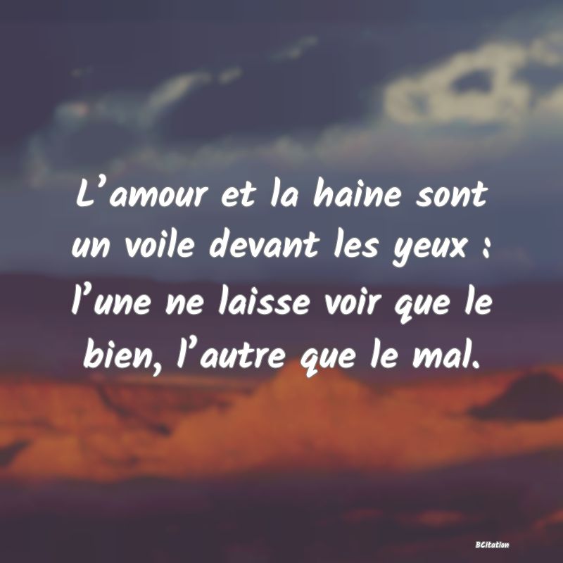 Belle Citation - L’amour et la haine sont un voile devant les yeux : l’une ne laisse voir que le bien, l’autre que le mal. - 