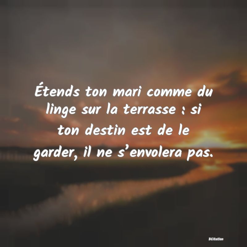 image de citation: Étends ton mari comme du linge sur la terrasse : si ton destin est de le garder, il ne s’envolera pas.