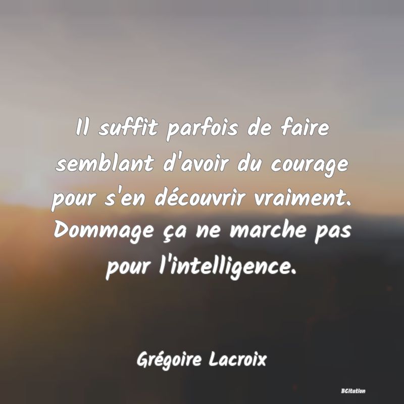 Belle Citation - Il suffit parfois de faire semblant d'avoir du courage pour s'en découvrir vraiment. Dommage ça ne marche pas pour l'intelligence. - Grégoire Lacroix