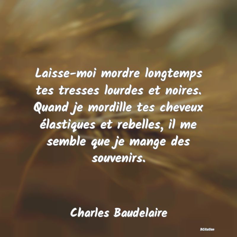 image de citation: Laisse-moi mordre longtemps tes tresses lourdes et noires. Quand je mordille tes cheveux élastiques et rebelles, il me semble que je mange des souvenirs.