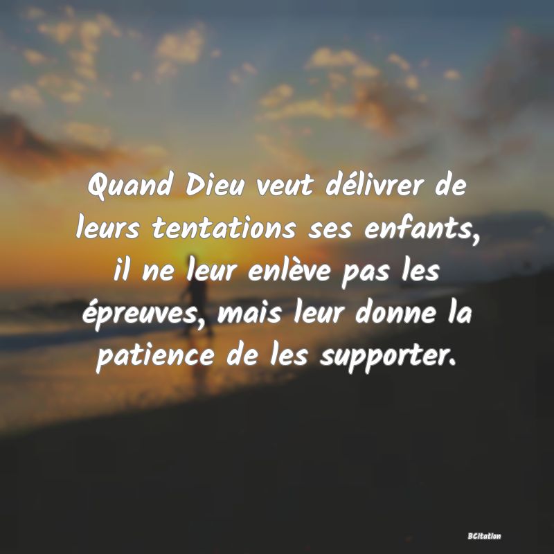 image de citation: Quand Dieu veut délivrer de leurs tentations ses enfants, il ne leur enlève pas les épreuves, mais leur donne la patience de les supporter.