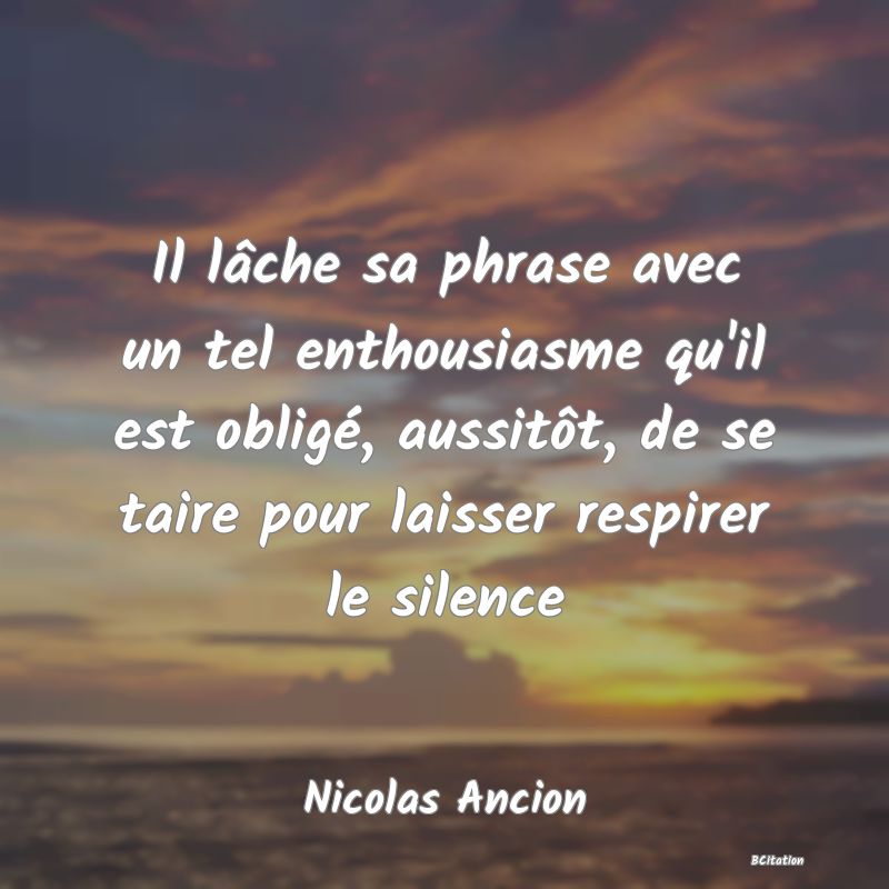 image de citation: Il lâche sa phrase avec un tel enthousiasme qu'il est obligé, aussitôt, de se taire pour laisser respirer le silence