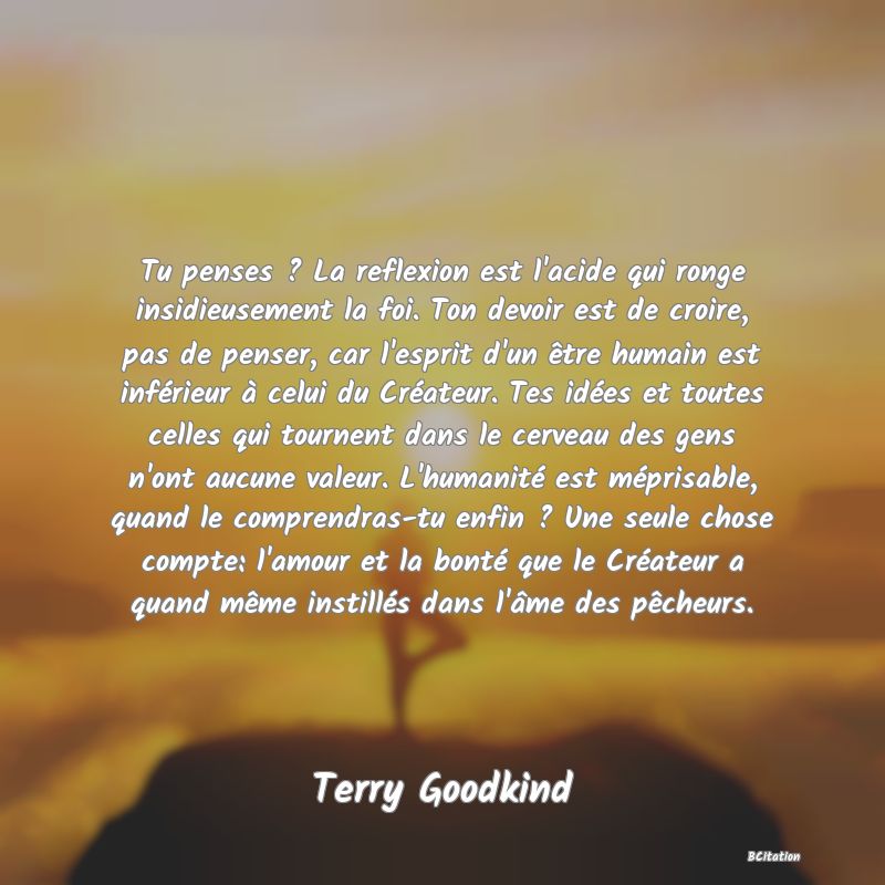 Belle Citation - Tu penses ? La reflexion est l'acide qui ronge insidieusement la foi. Ton devoir est de croire, pas de penser, car l'esprit d'un être humain est inférieur à celui du Créateur. Tes idées et toutes celles qui tournent dans le cerveau des gens n'ont aucune valeur. L'humanité est méprisable, quand le comprendras-tu enfin ? Une seule chose compte: l'amour et la bonté que le Créateur a quand même instillés dans l'âme des pêcheurs. - Terry Goodkind
