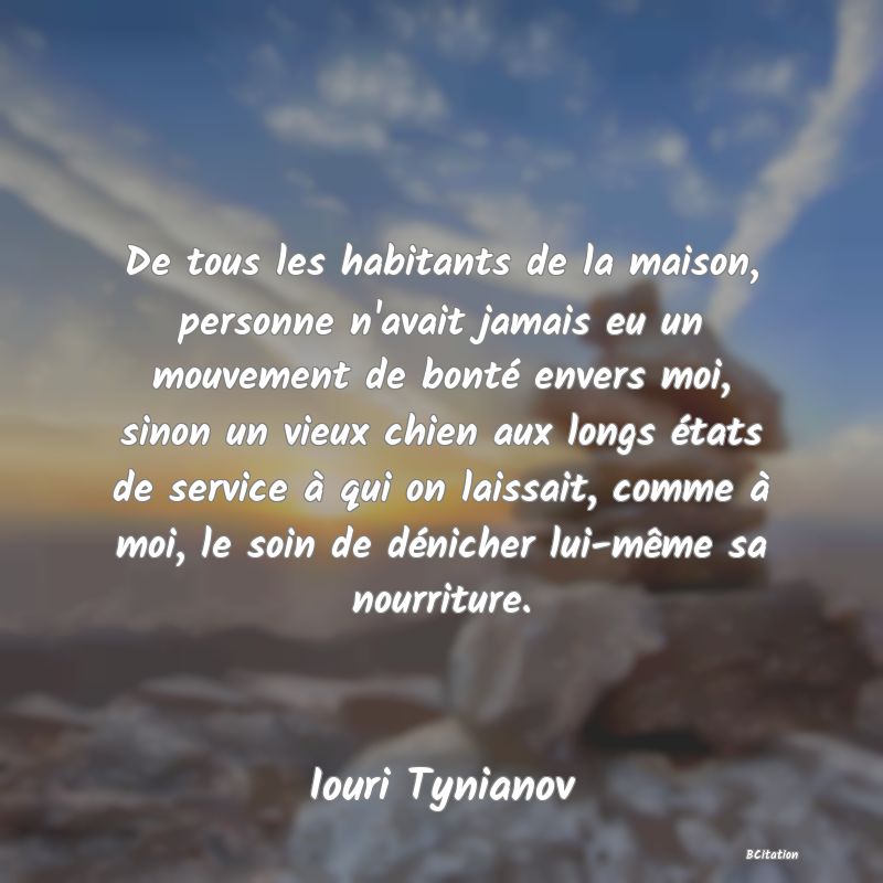 image de citation: De tous les habitants de la maison, personne n'avait jamais eu un mouvement de bonté envers moi, sinon un vieux chien aux longs états de service à qui on laissait, comme à moi, le soin de dénicher lui-même sa nourriture.