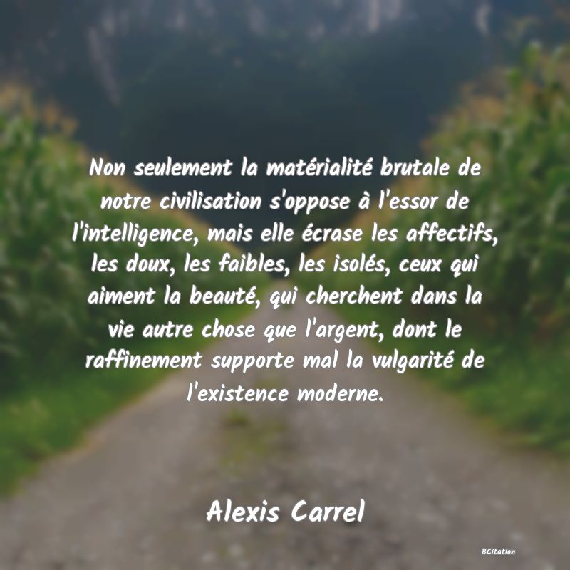 Belle Citation - Non seulement la matérialité brutale de notre civilisation s'oppose à l'essor de l'intelligence, mais elle écrase les affectifs, les doux, les faibles, les isolés, ceux qui aiment la beauté, qui cherchent dans la vie autre chose que l'argent, dont le raffinement supporte mal la vulgarité de l'existence moderne. - Alexis Carrel