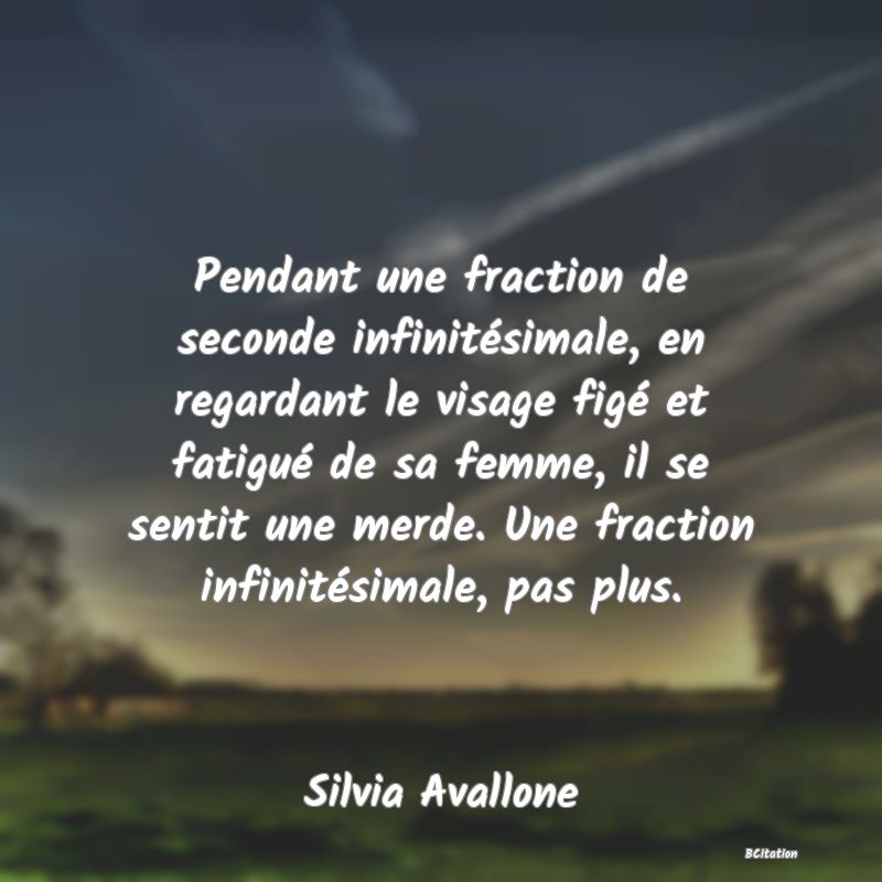 image de citation: Pendant une fraction de seconde infinitésimale, en regardant le visage figé et fatigué de sa femme, il se sentit une merde. Une fraction infinitésimale, pas plus.