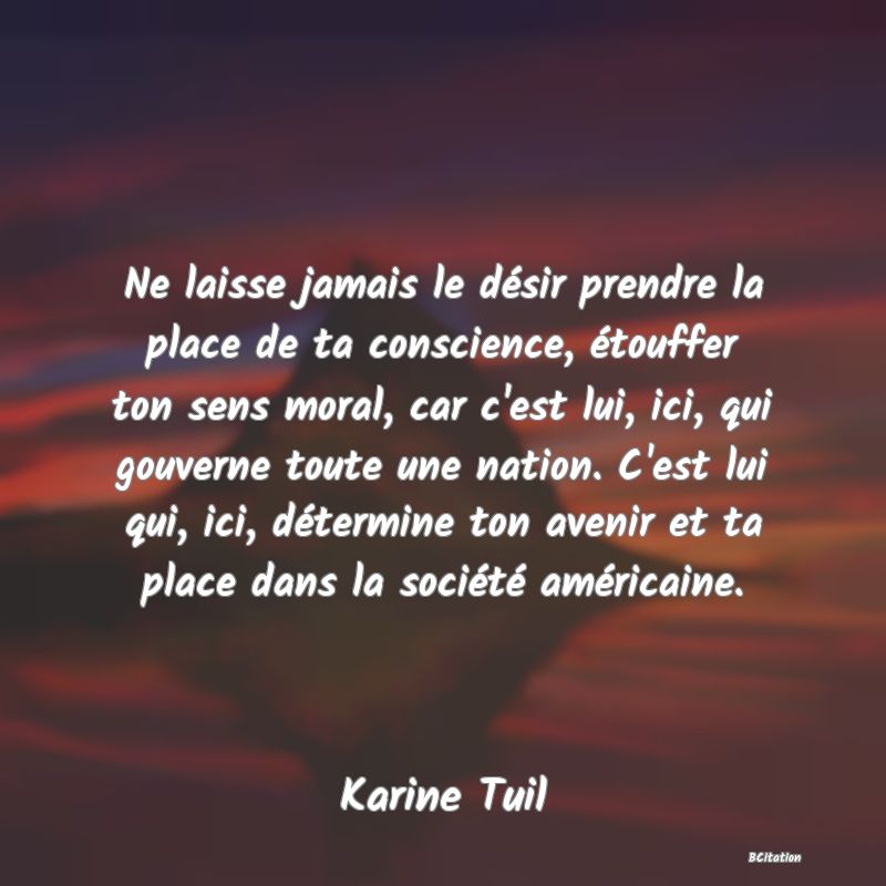 image de citation: Ne laisse jamais le désir prendre la place de ta conscience, étouffer ton sens moral, car c'est lui, ici, qui gouverne toute une nation. C'est lui qui, ici, détermine ton avenir et ta place dans la société américaine.