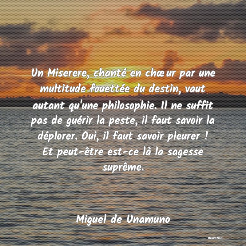 image de citation: Un Miserere, chanté en chœur par une multitude fouettée du destin, vaut autant qu'une philosophie. Il ne suffit pas de guérir la peste, il faut savoir la déplorer. Oui, il faut savoir pleurer ! Et peut-être est-ce là la sagesse suprême.