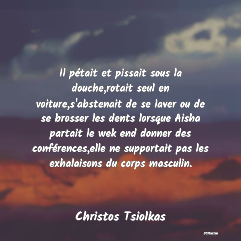 image de citation: Il pétait et pissait sous la douche,rotait seul en voiture,s'abstenait de se laver ou de se brosser les dents lorsque Aisha partait le wek end donner des conférences,elle ne supportait pas les exhalaisons du corps masculin.