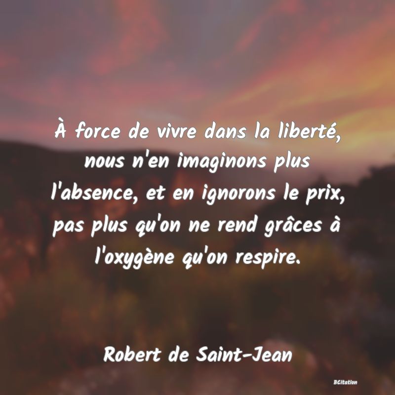 image de citation: À force de vivre dans la liberté, nous n'en imaginons plus l'absence, et en ignorons le prix, pas plus qu'on ne rend grâces à l'oxygène qu'on respire.