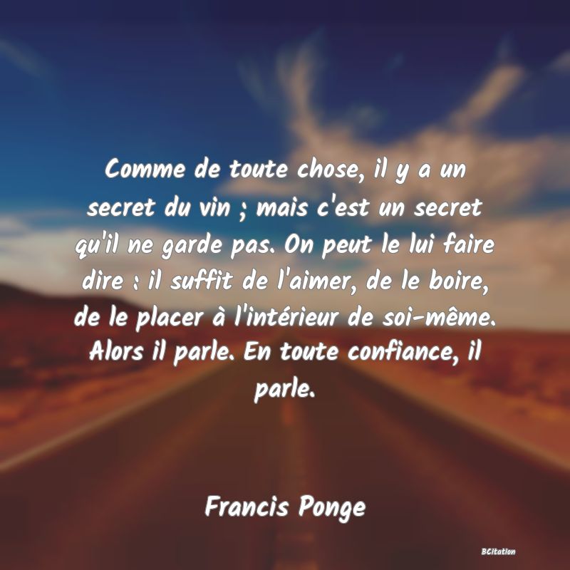 image de citation: Comme de toute chose, il y a un secret du vin ; mais c'est un secret qu'il ne garde pas. On peut le lui faire dire : il suffit de l'aimer, de le boire, de le placer à l'intérieur de soi-même. Alors il parle. En toute confiance, il parle.