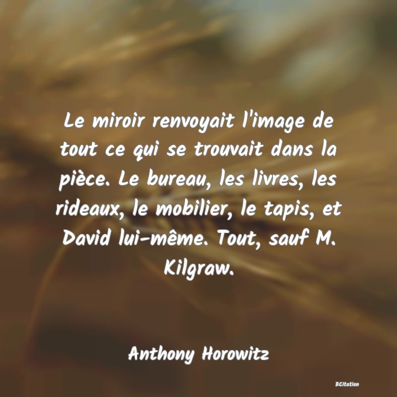 image de citation: Le miroir renvoyait l'image de tout ce qui se trouvait dans la pièce. Le bureau, les livres, les rideaux, le mobilier, le tapis, et David lui-même. Tout, sauf M. Kilgraw.