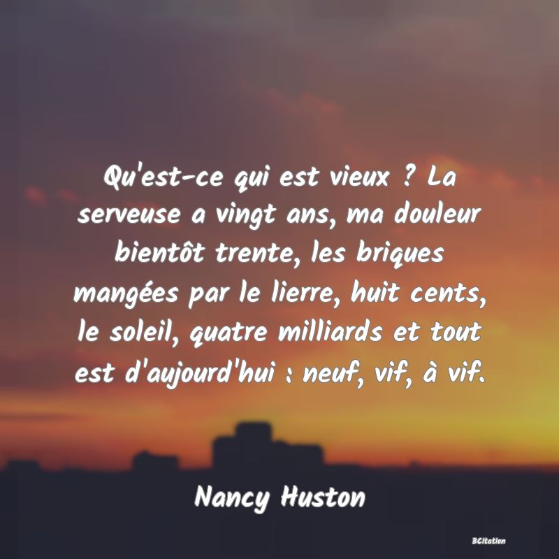 image de citation: Qu'est-ce qui est vieux ? La serveuse a vingt ans, ma douleur bientôt trente, les briques mangées par le lierre, huit cents, le soleil, quatre milliards et tout est d'aujourd'hui : neuf, vif, à vif.