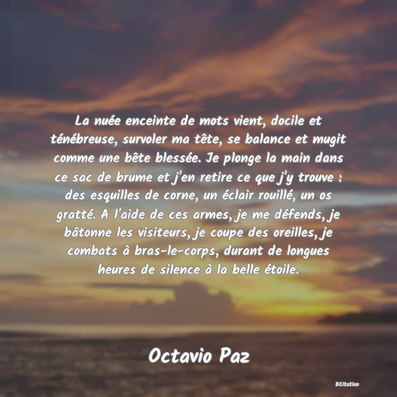 image de citation: La nuée enceinte de mots vient, docile et ténébreuse, survoler ma tête, se balance et mugit comme une bête blessée. Je plonge la main dans ce sac de brume et j'en retire ce que j'y trouve : des esquilles de corne, un éclair rouillé, un os gratté. A l'aide de ces armes, je me défends, je bâtonne les visiteurs, je coupe des oreilles, je combats à bras-le-corps, durant de longues heures de silence à la belle étoile.