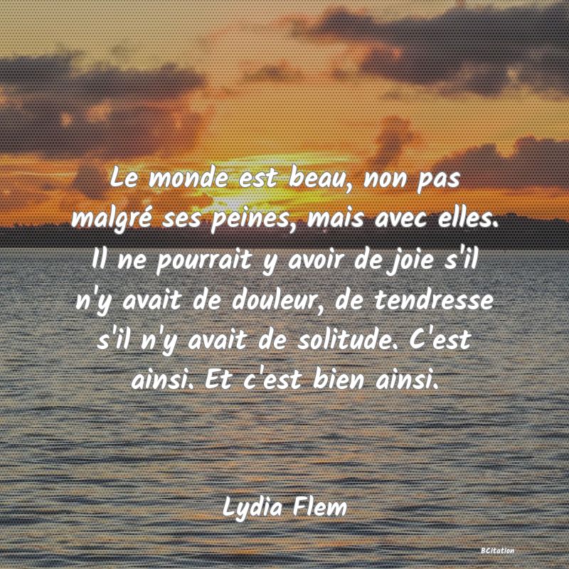 image de citation: Le monde est beau, non pas malgré ses peines, mais avec elles. Il ne pourrait y avoir de joie s'il n'y avait de douleur, de tendresse s'il n'y avait de solitude. C'est ainsi. Et c'est bien ainsi.