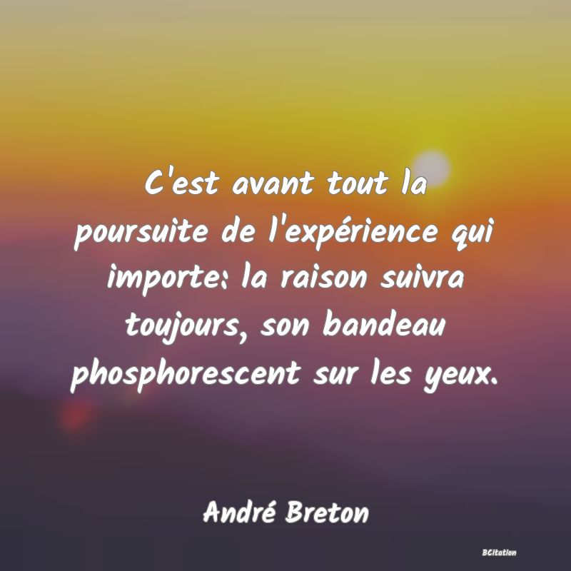Belle Citation - C'est avant tout la poursuite de l'expérience qui importe: la raison suivra toujours, son bandeau phosphorescent sur les yeux. - André Breton