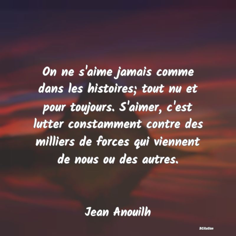 image de citation: On ne s'aime jamais comme dans les histoires; tout nu et pour toujours. S'aimer, c'est lutter constamment contre des milliers de forces qui viennent de nous ou des autres.