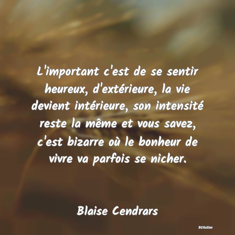 image de citation: L'important c'est de se sentir heureux, d'extérieure, la vie devient intérieure, son intensité reste la même et vous savez, c'est bizarre où le bonheur de vivre va parfois se nicher.