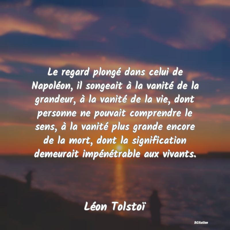 image de citation: Le regard plongé dans celui de Napoléon, il songeait à la vanité de la grandeur, à la vanité de la vie, dont personne ne pouvait comprendre le sens, à la vanité plus grande encore de la mort, dont la signification demeurait impénétrable aux vivants.