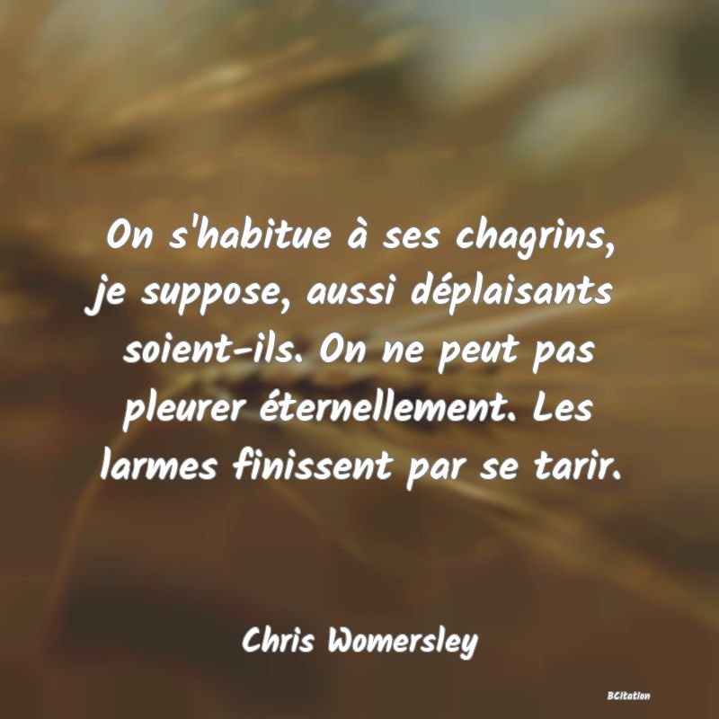 image de citation: On s'habitue à ses chagrins, je suppose, aussi déplaisants soient-ils. On ne peut pas pleurer éternellement. Les larmes finissent par se tarir.