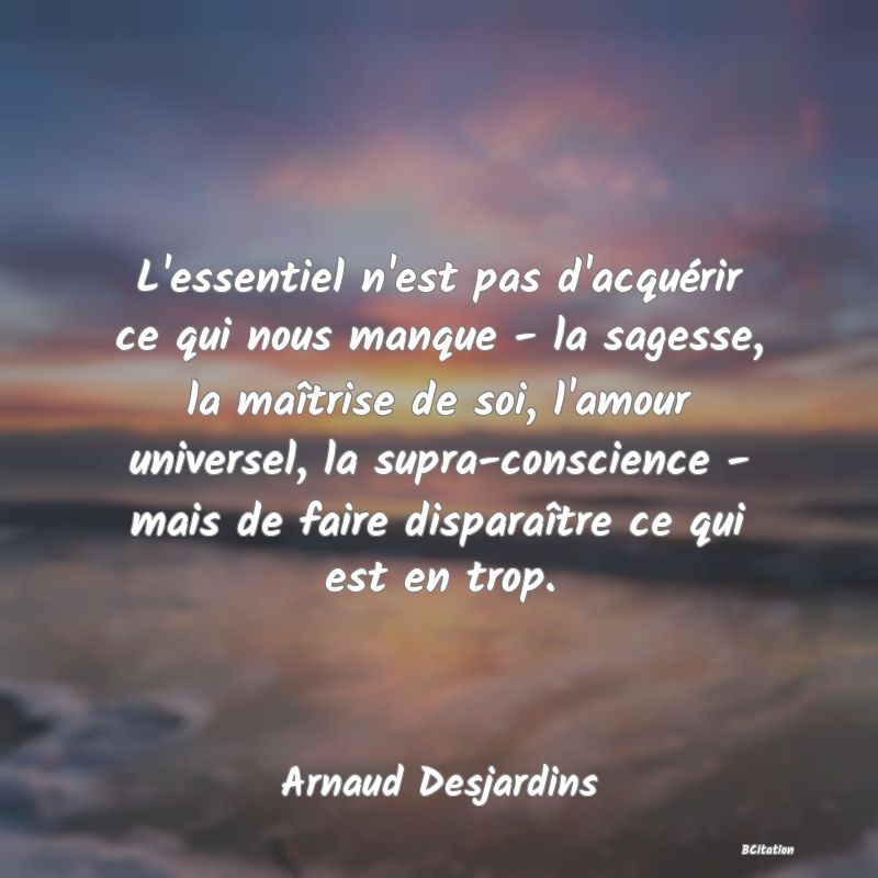 image de citation: L'essentiel n'est pas d'acquérir ce qui nous manque - la sagesse, la maîtrise de soi, l'amour universel, la supra-conscience - mais de faire disparaître ce qui est en trop.