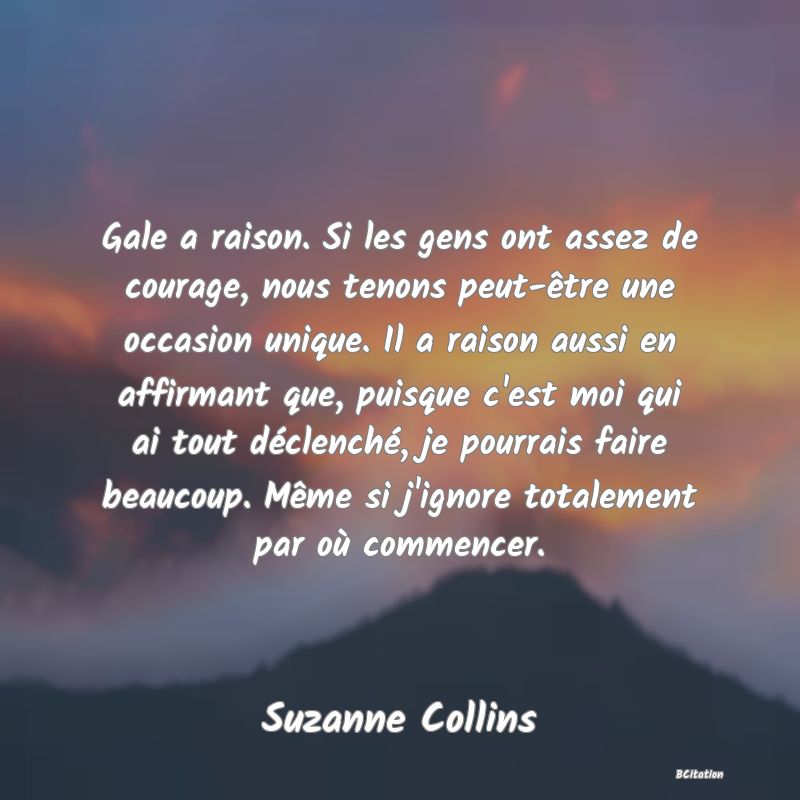 image de citation: Gale a raison. Si les gens ont assez de courage, nous tenons peut-être une occasion unique. Il a raison aussi en affirmant que, puisque c'est moi qui ai tout déclenché, je pourrais faire beaucoup. Même si j'ignore totalement par où commencer.