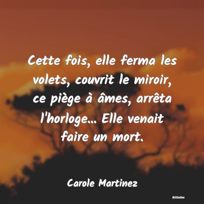 image de citation: Cette fois, elle ferma les volets, couvrit le miroir, ce piège à âmes, arrêta l'horloge... Elle venait faire un mort.