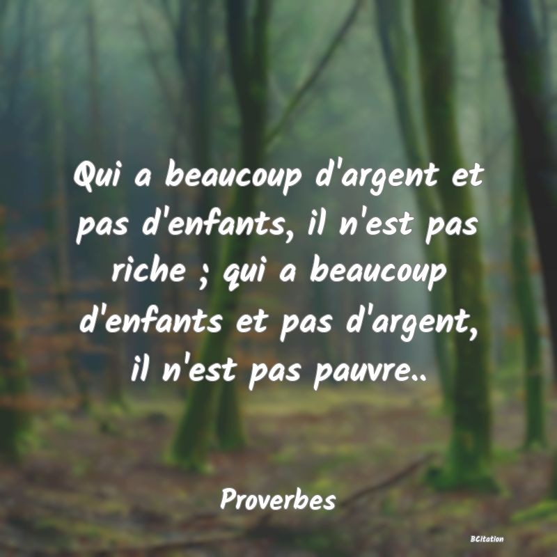 image de citation: Qui a beaucoup d'argent et pas d'enfants, il n'est pas riche ; qui a beaucoup d'enfants et pas d'argent, il n'est pas pauvre..