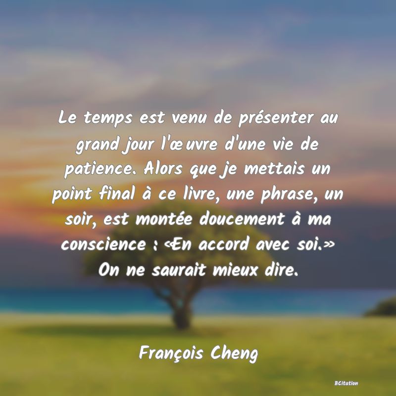 image de citation: Le temps est venu de présenter au grand jour l'œuvre d'une vie de patience. Alors que je mettais un point final à ce livre, une phrase, un soir, est montée doucement à ma conscience : «En accord avec soi.» On ne saurait mieux dire.