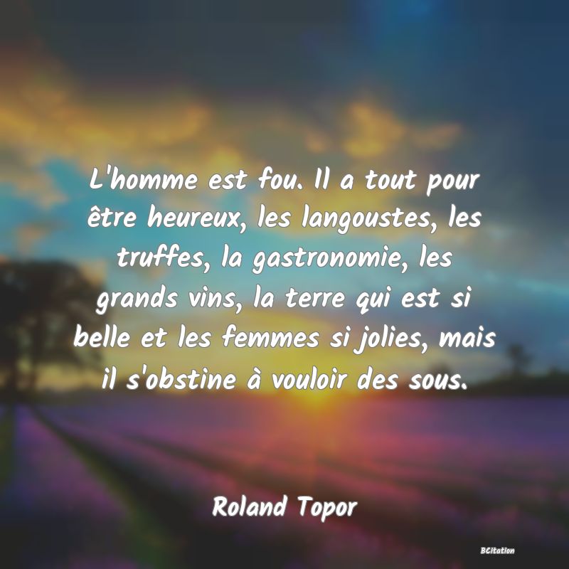 image de citation: L'homme est fou. Il a tout pour être heureux, les langoustes, les truffes, la gastronomie, les grands vins, la terre qui est si belle et les femmes si jolies, mais il s'obstine à vouloir des sous.