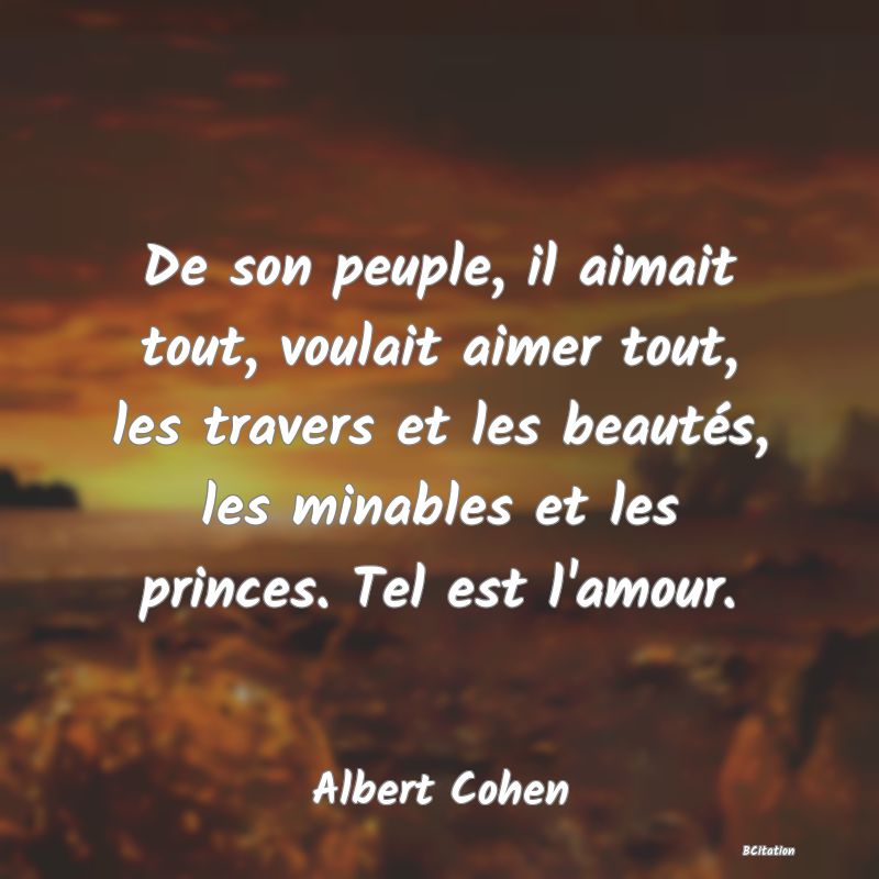 image de citation: De son peuple, il aimait tout, voulait aimer tout, les travers et les beautés, les minables et les princes. Tel est l'amour.