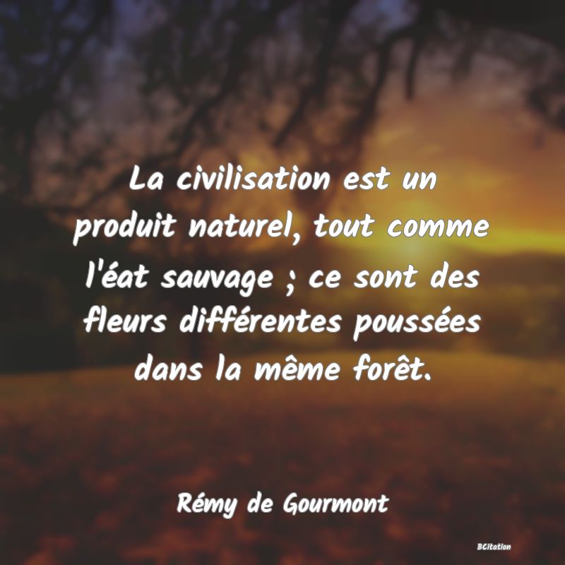 image de citation: La civilisation est un produit naturel, tout comme l'éat sauvage ; ce sont des fleurs différentes poussées dans la même forêt.