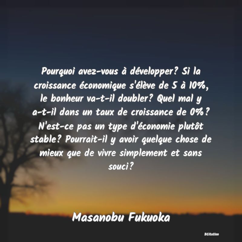 image de citation: Pourquoi avez-vous à développer? Si la croissance économique s'élève de 5 à 10%, le bonheur va-t-il doubler? Quel mal y a-t-il dans un taux de croissance de 0%? N'est-ce pas un type d'économie plutôt stable? Pourrait-il y avoir quelque chose de mieux que de vivre simplement et sans souci?