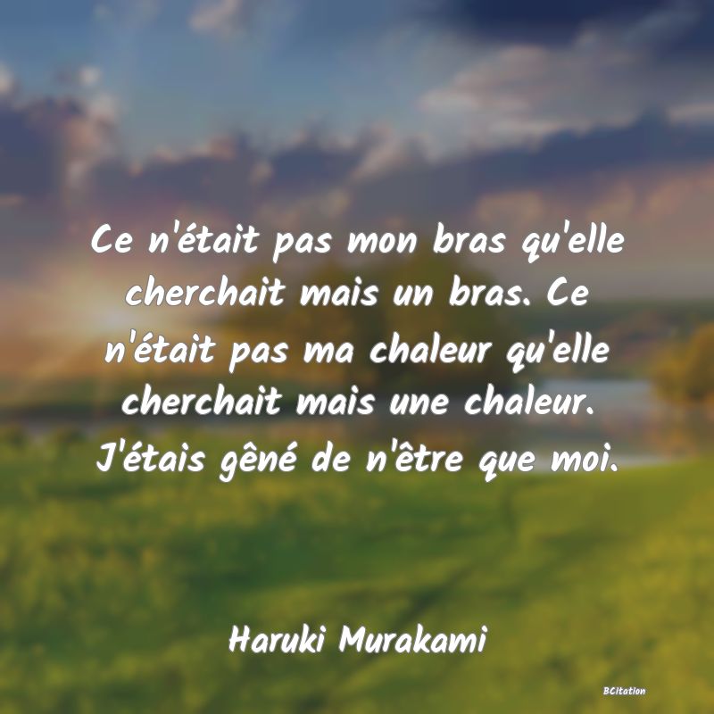 image de citation: Ce n'était pas mon bras qu'elle cherchait mais un bras. Ce n'était pas ma chaleur qu'elle cherchait mais une chaleur. J'étais gêné de n'être que moi.