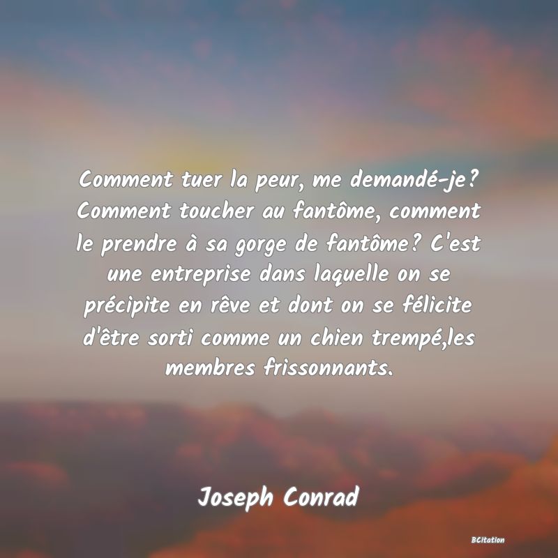 Belle Citation - Comment tuer la peur, me demandé-je? Comment toucher au fantôme, comment le prendre à sa gorge de fantôme? C'est une entreprise dans laquelle on se précipite en rêve et dont on se félicite d'être sorti comme un chien trempé,les membres frissonnants. - Joseph Conrad