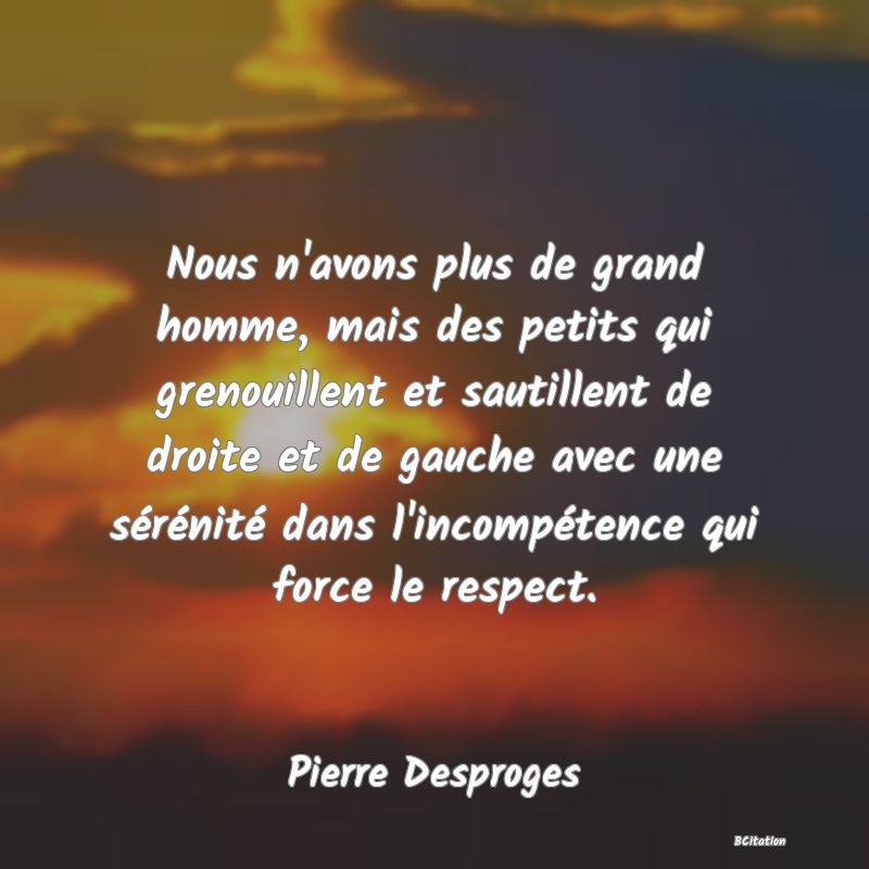 image de citation: Nous n'avons plus de grand homme, mais des petits qui grenouillent et sautillent de droite et de gauche avec une sérénité dans l'incompétence qui force le respect.