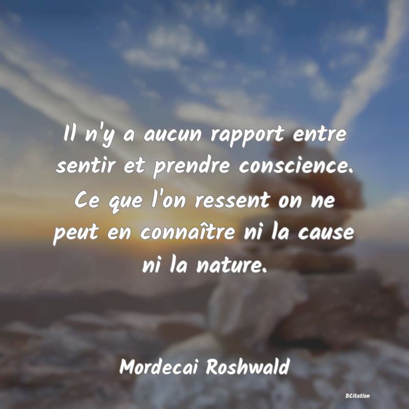 image de citation: Il n'y a aucun rapport entre sentir et prendre conscience. Ce que l'on ressent on ne peut en connaître ni la cause ni la nature.