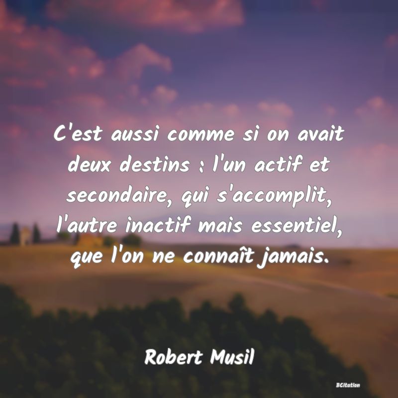 Belle Citation - C'est aussi comme si on avait deux destins : l'un actif et secondaire, qui s'accomplit, l'autre inactif mais essentiel, que l'on ne connaît jamais. - Robert Musil